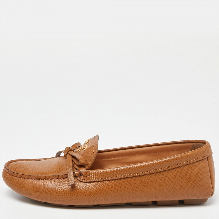Pre Owned Prada Brown Saffiano Leather Bow Loafers Size 37