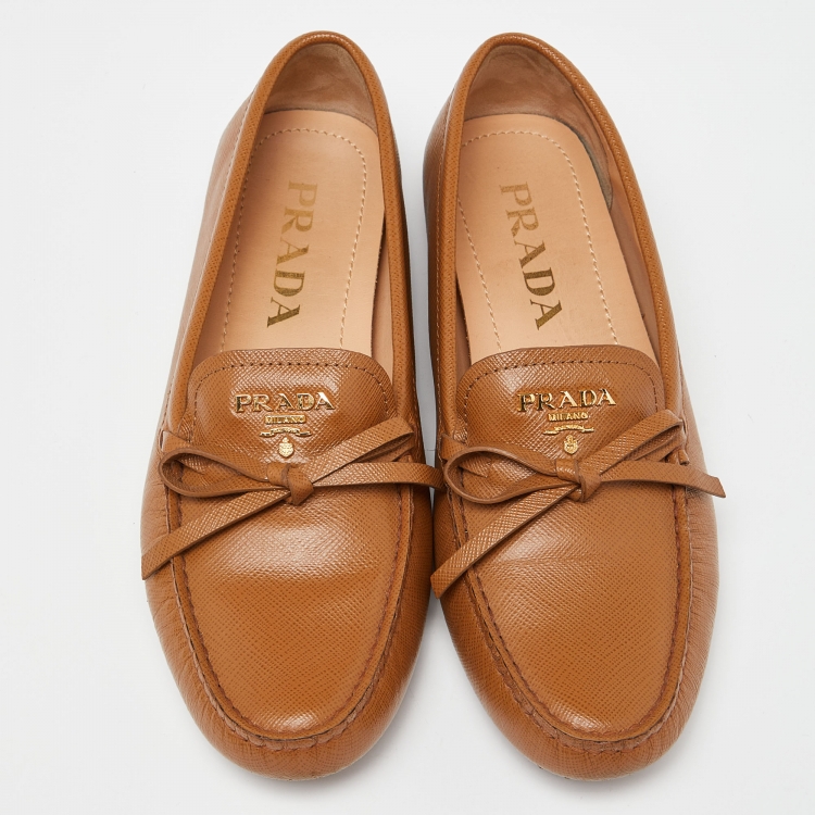 Pre Owned Prada Brown Saffiano Leather Bow Loafers Size 37