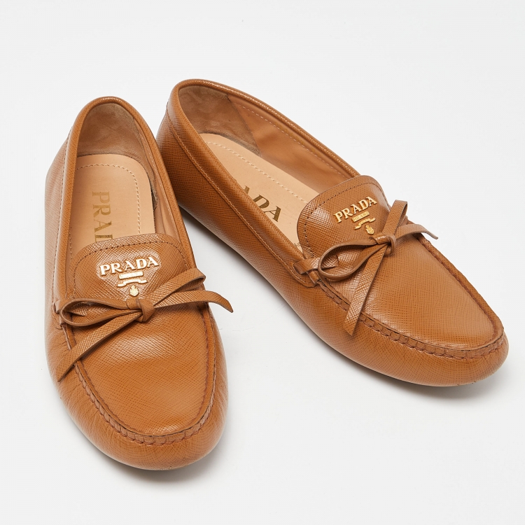 Pre Owned Prada Brown Saffiano Leather Bow Loafers Size 37