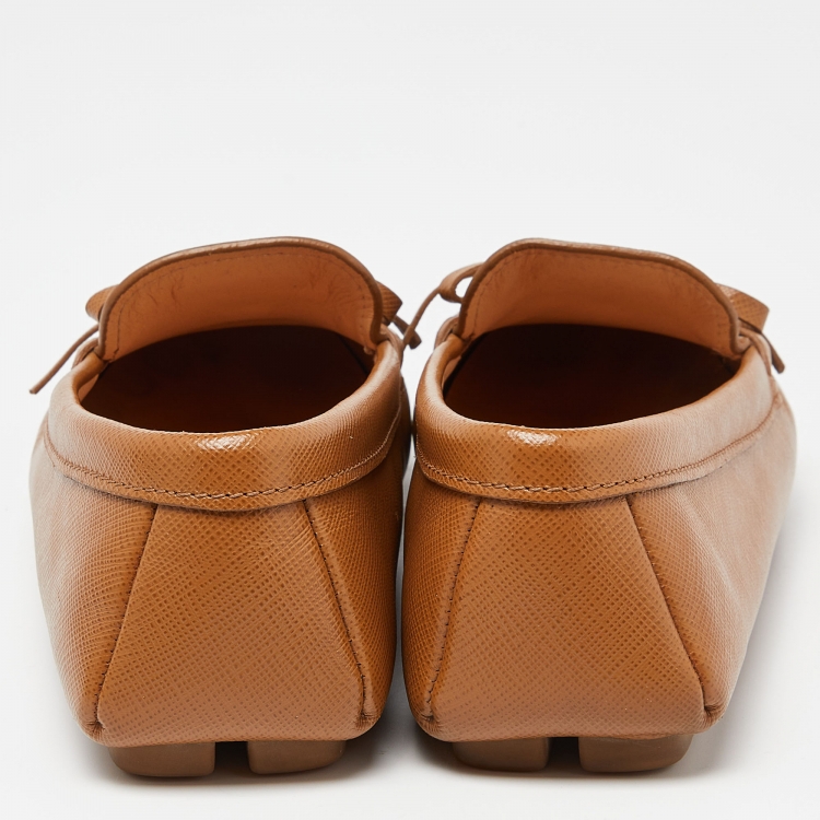 Pre Owned Prada Brown Saffiano Leather Bow Loafers Size 37