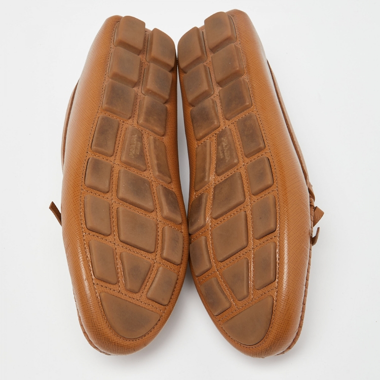 Pre Owned Prada Brown Saffiano Leather Bow Loafers Size 37