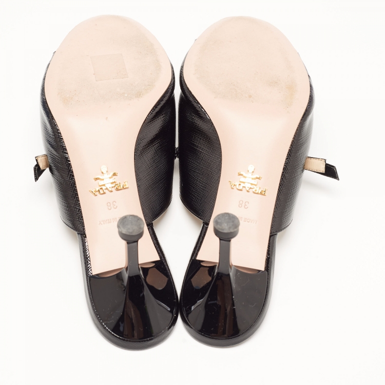Pre Owned Prada Black Saffiano Patent Leather Crystals Embellished Bow Mules Size 38