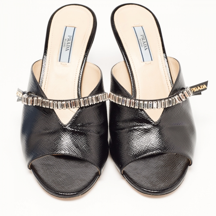 Pre Owned Prada Black Saffiano Patent Leather Crystals Embellished Bow Mules Size 38