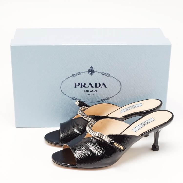 Pre Owned Prada Black Saffiano Patent Leather Crystals Embellished Bow Mules Size 38