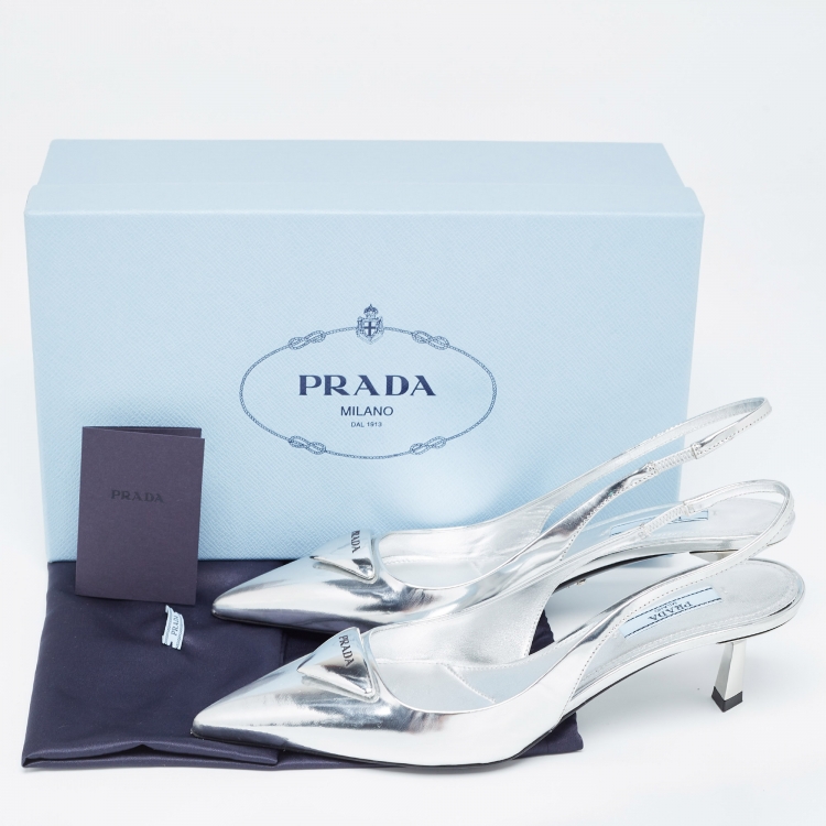 Pre Owned Prada Silver Leather Slingback Pumps Size 38