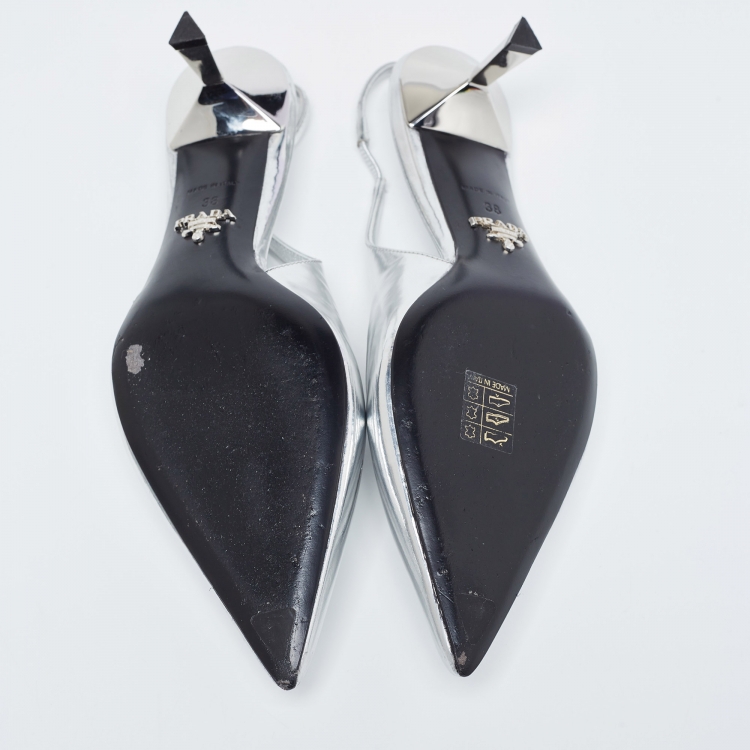 Pre Owned Prada Silver Leather Slingback Pumps Size 38