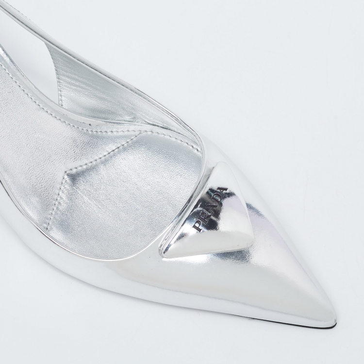 Pre Owned Prada Silver Leather Slingback Pumps Size 38