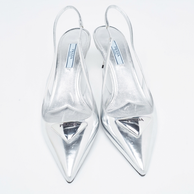 Pre Owned Prada Silver Leather Slingback Pumps Size 38
