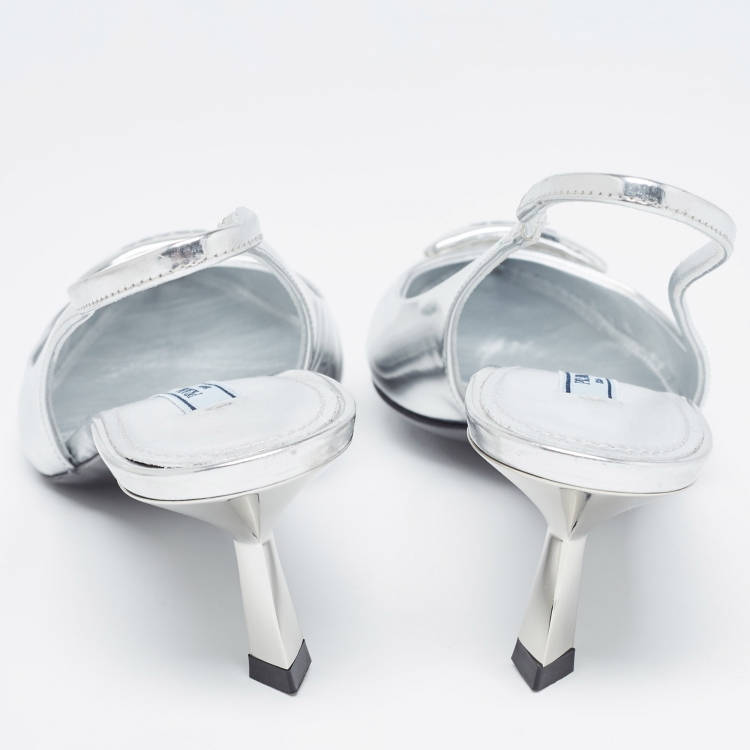 Pre Owned Prada Silver Leather Slingback Pumps Size 38