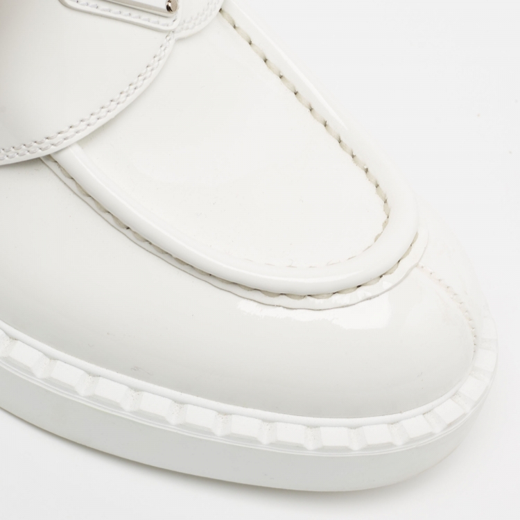 Pre Owned Prada White Patent Leather Logo Plaque Loafers Size 37