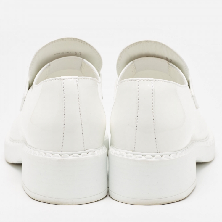 Pre Owned Prada White Patent Leather Logo Plaque Loafers Size 37