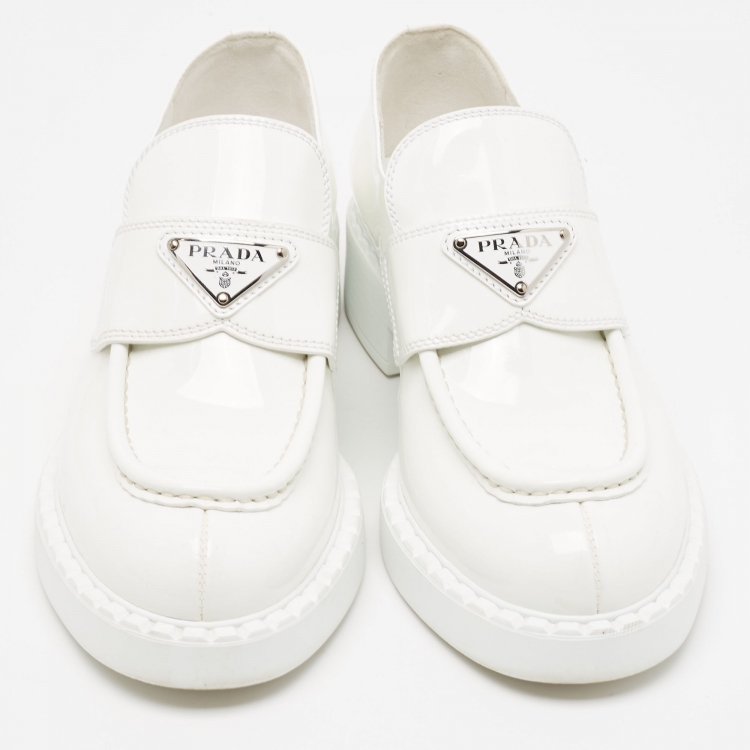 Pre Owned Prada White Patent Leather Logo Plaque Loafers Size 37