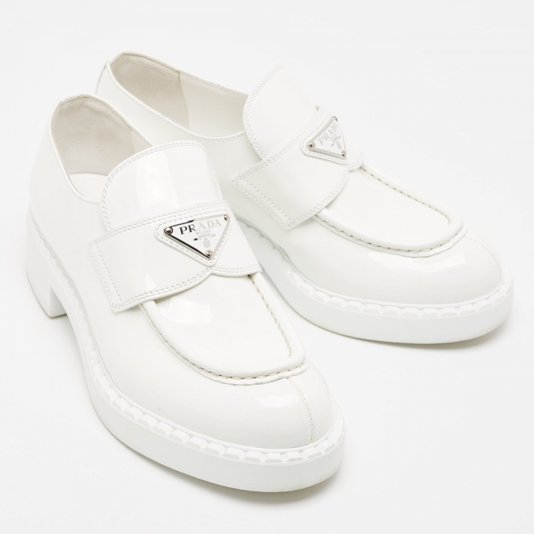 Pre Owned Prada White Patent Leather Logo Plaque Loafers Size 37