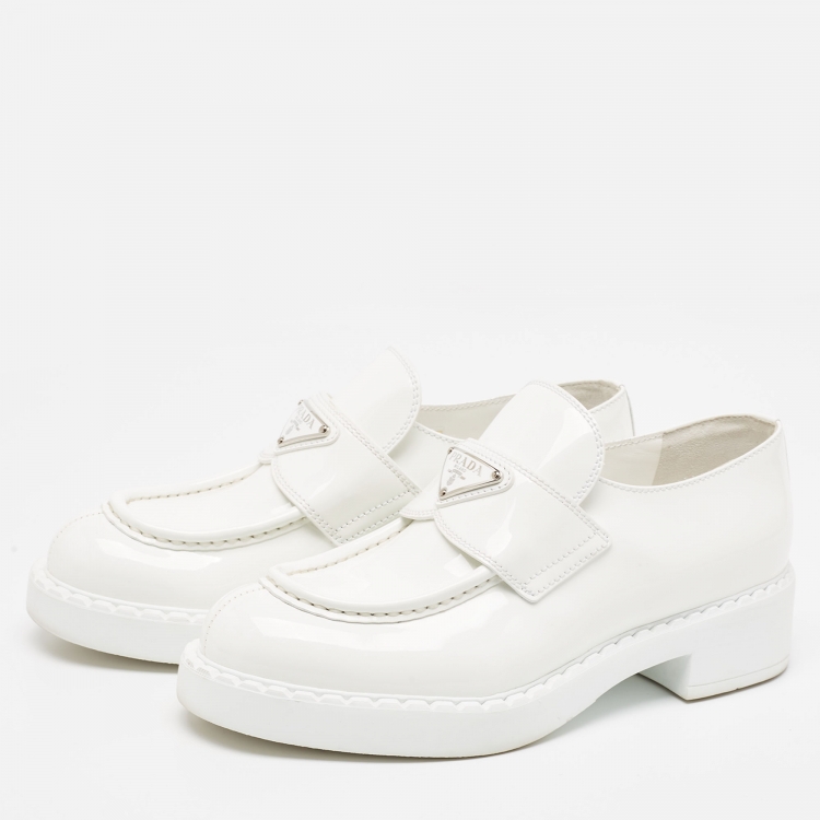 Pre Owned Prada White Patent Leather Logo Plaque Loafers Size 37