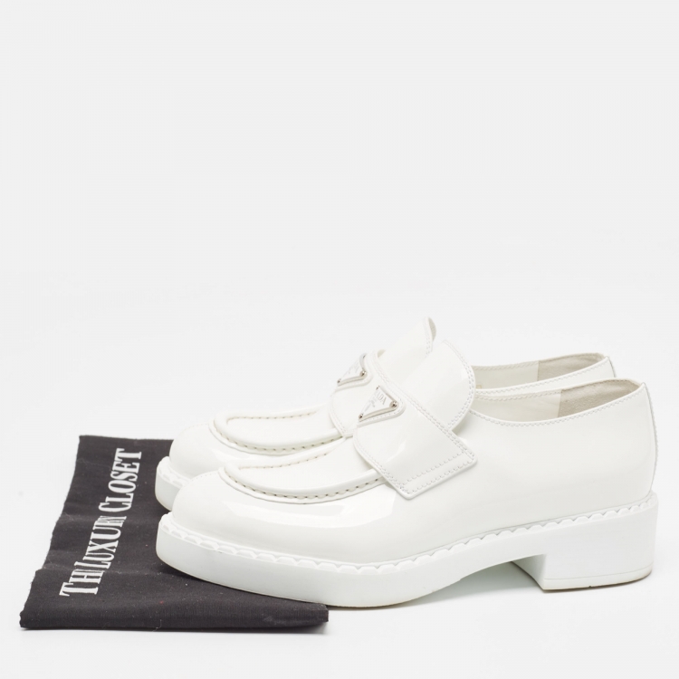 Pre Owned Prada White Patent Leather Logo Plaque Loafers Size 37