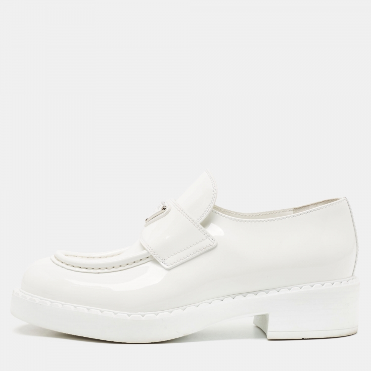 Pre Owned Prada White Patent Leather Logo Plaque Loafers Size 37