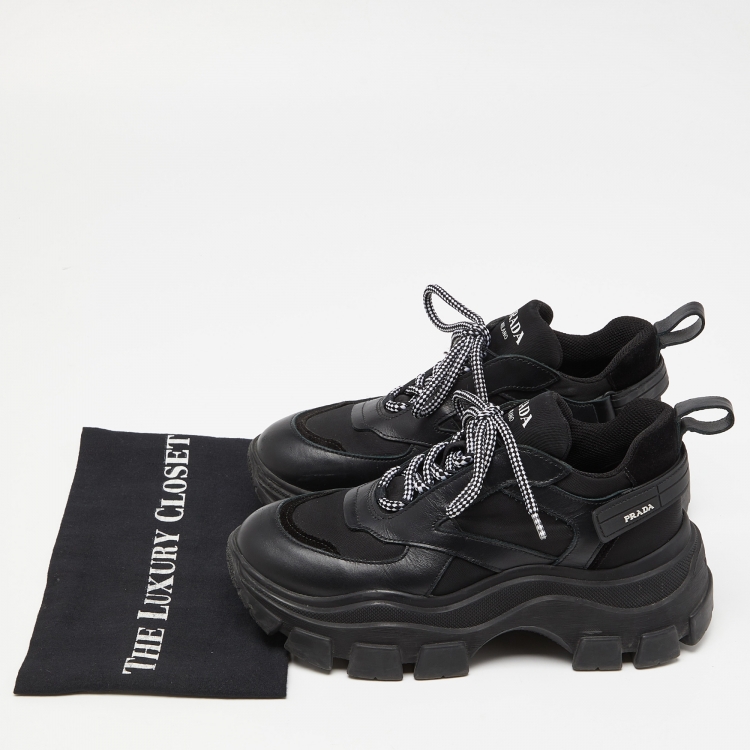 Pre Owned Prada Black Leather Nylon and Leather Lace Up Sneakers Size 38.5