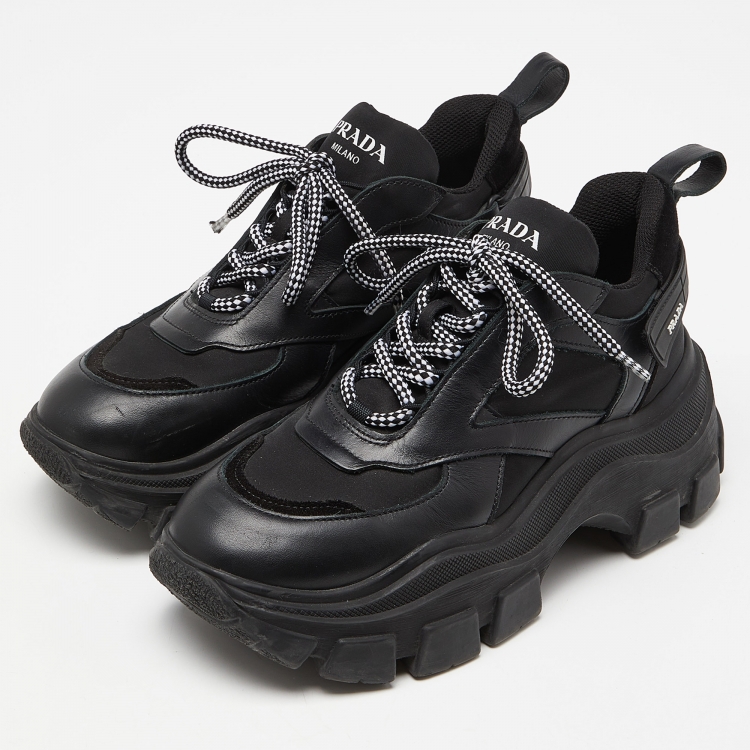 Pre Owned Prada Black Leather Nylon and Leather Lace Up Sneakers Size 38.5