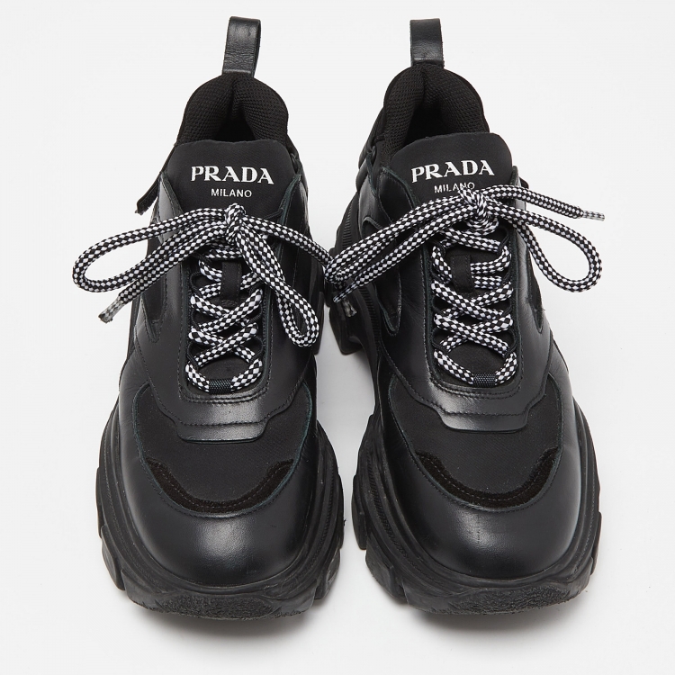Pre Owned Prada Black Leather Nylon and Leather Lace Up Sneakers Size 38.5