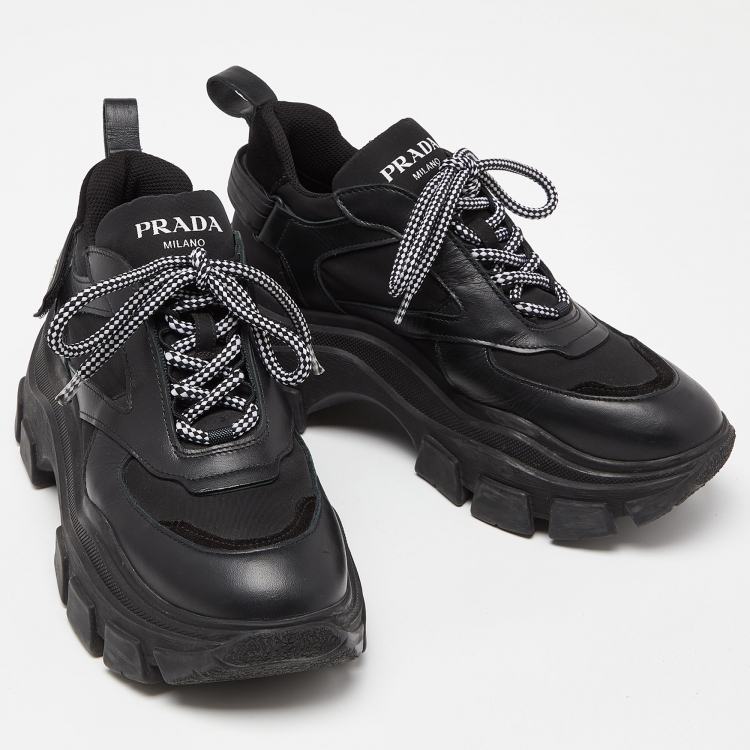 Pre Owned Prada Black Leather Nylon and Leather Lace Up Sneakers Size 38.5