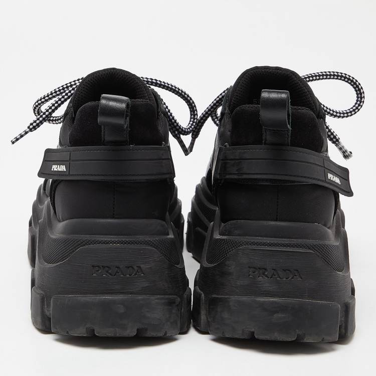 Pre Owned Prada Black Leather Nylon and Leather Lace Up Sneakers Size 38.5