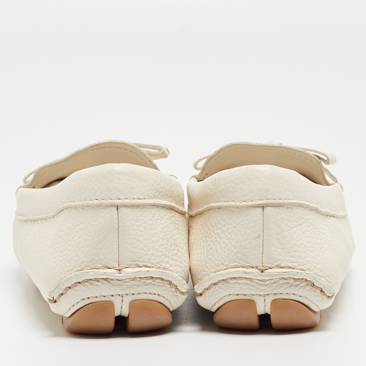 Pre Owned Prada Cream Leather Bow Slip On Loafers Size 36