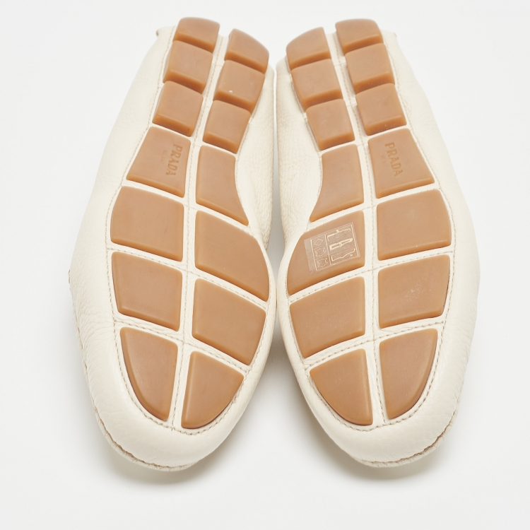 Pre Owned Prada Cream Leather Bow Slip On Loafers Size 36