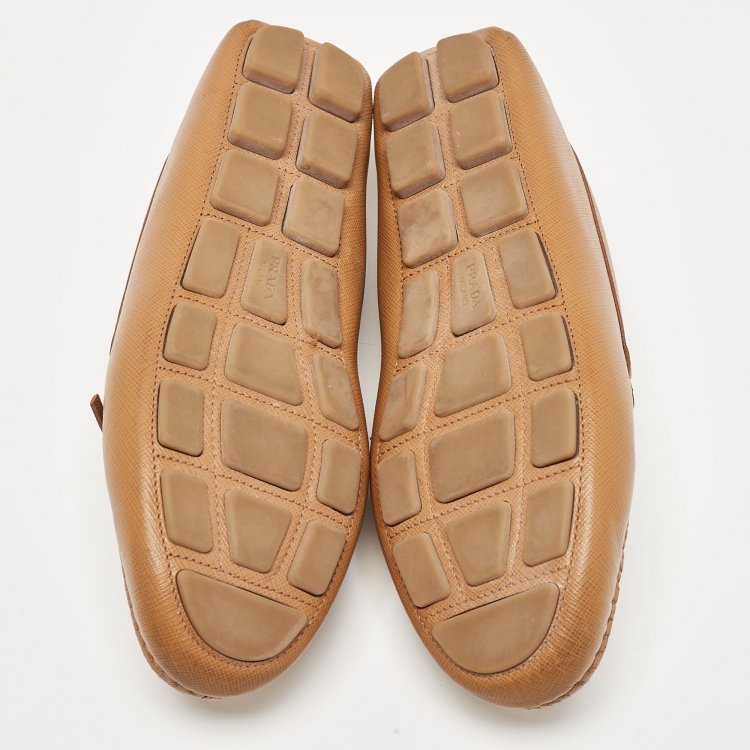 Pre Owned Prada Brown Saffiano Leather Slip On Loafers Size 38.5