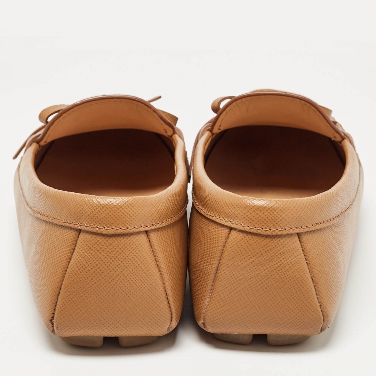 Pre Owned Prada Brown Saffiano Leather Slip On Loafers Size 38.5