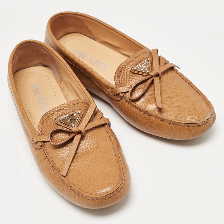 Pre Owned Prada Brown Saffiano Leather Slip On Loafers Size 38.5