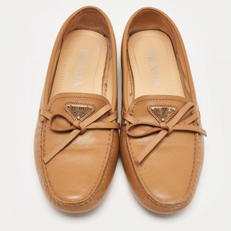 Pre Owned Prada Brown Saffiano Leather Slip On Loafers Size 38.5