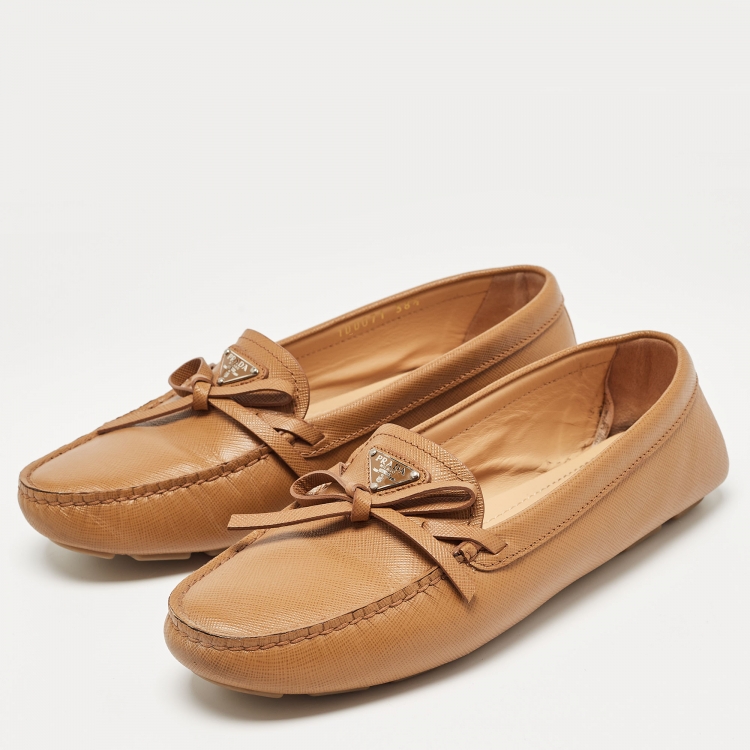 Pre Owned Prada Brown Saffiano Leather Slip On Loafers Size 38.5