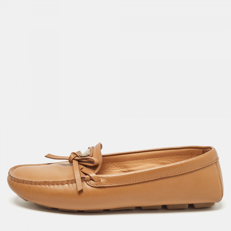 Pre Owned Prada Brown Saffiano Leather Slip On Loafers Size 38.5