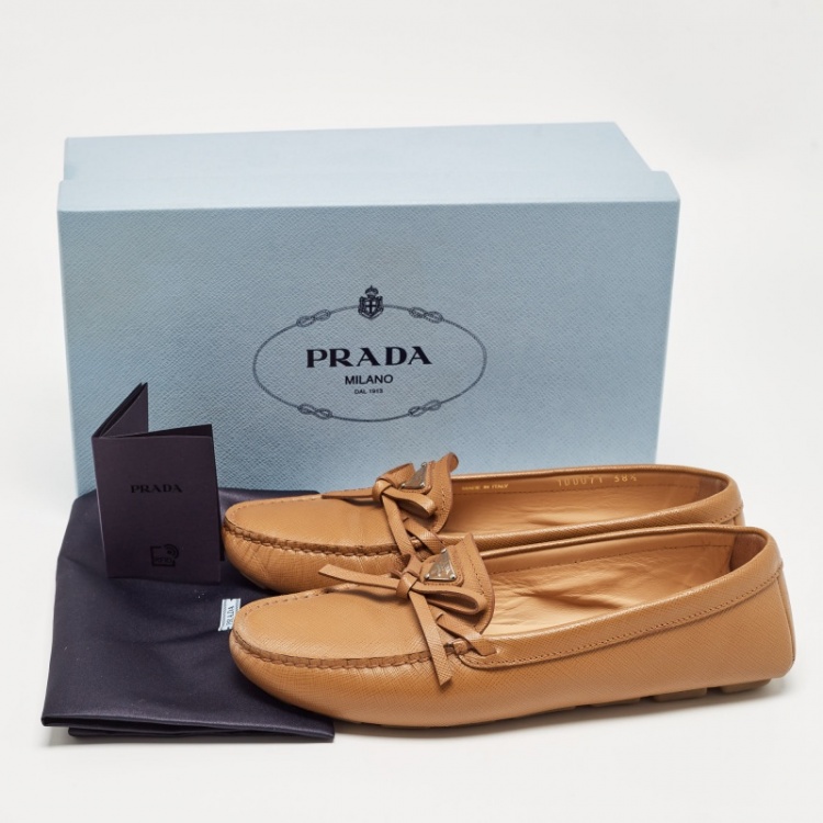 Pre Owned Prada Brown Saffiano Leather Slip On Loafers Size 38.5