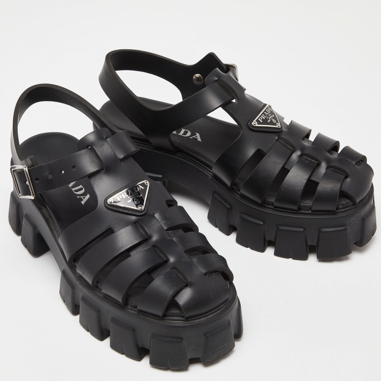 Pre Owned Prada Black Rubber Monolith Sandals Size 38