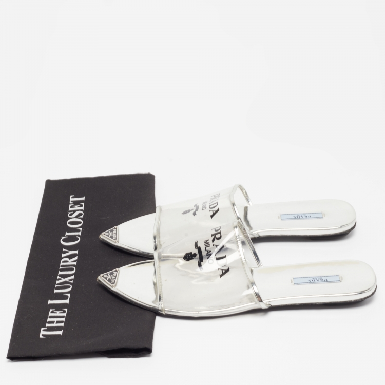 Pre Owned Prada Silver Patent Leather and PVC Logo Flat Mules Size 40.5