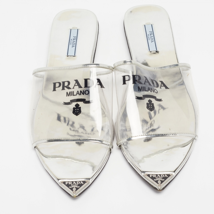 Pre Owned Prada Silver Patent Leather and PVC Logo Flat Mules Size 40.5