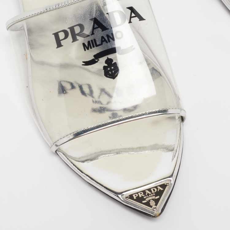 Pre Owned Prada Silver Patent Leather and PVC Logo Flat Mules Size 40.5