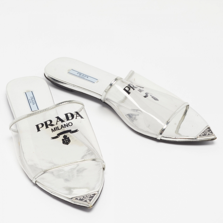 Pre Owned Prada Silver Patent Leather and PVC Logo Flat Mules Size 40.5