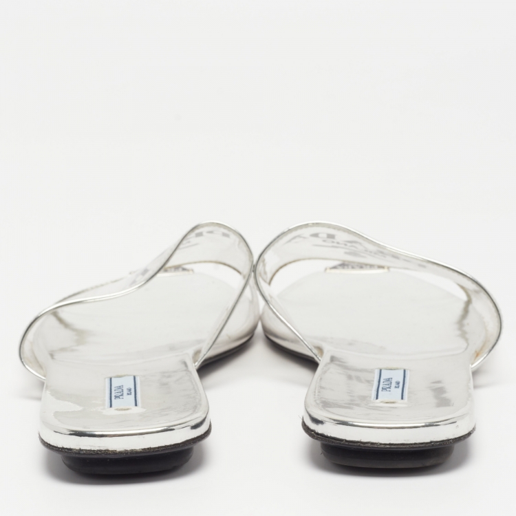 Pre Owned Prada Silver Patent Leather and PVC Logo Flat Mules Size 40.5