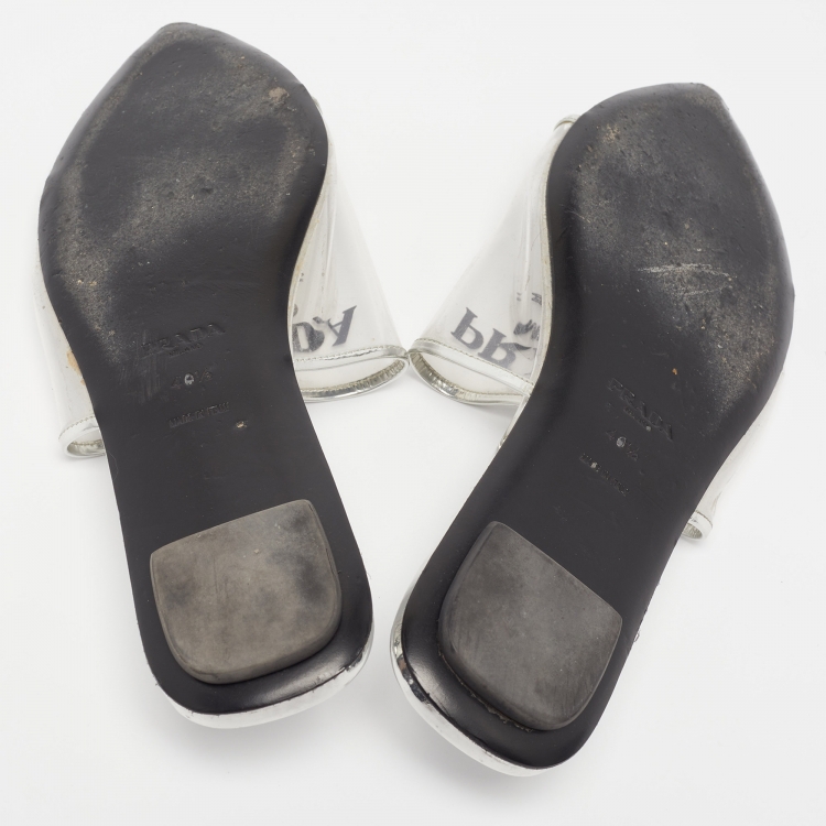 Pre Owned Prada Silver Patent Leather and PVC Logo Flat Mules Size 40.5