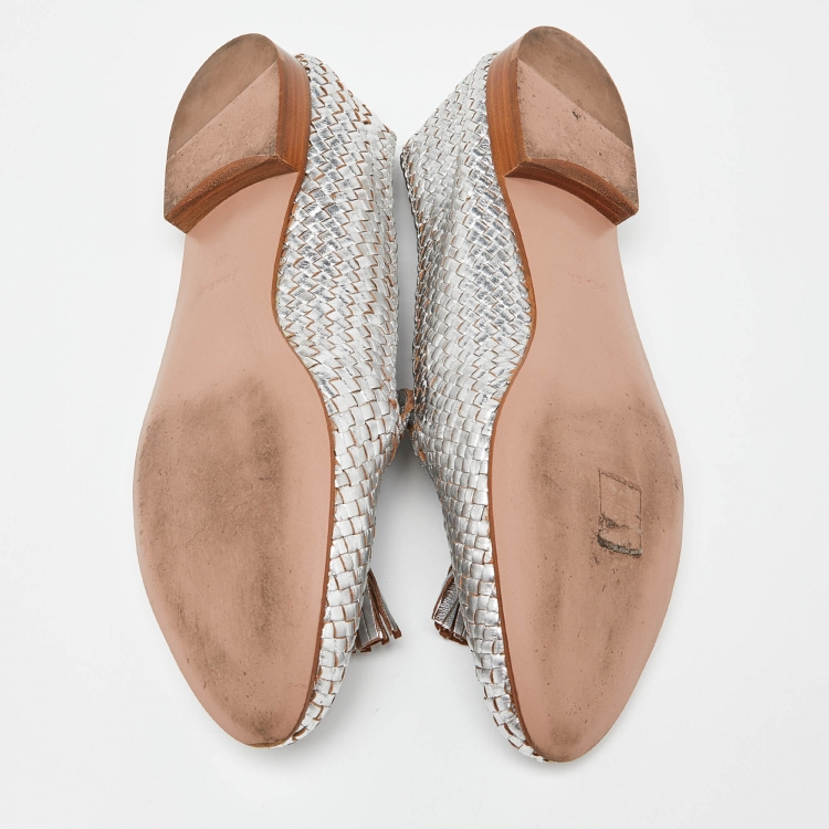 Pre Owned Prada Silver Foil Woven Leather Tassel Detail Smoking Slippers Size 40