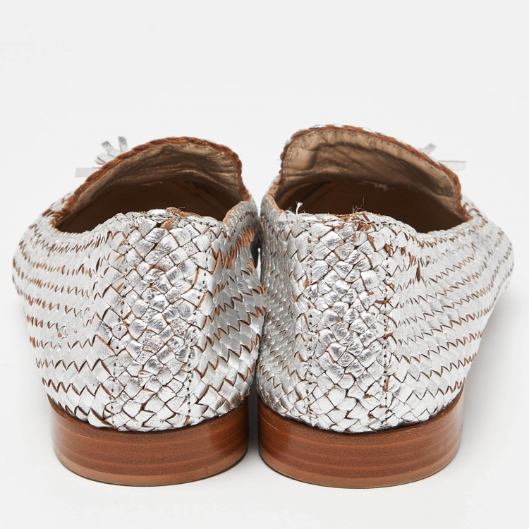 Pre Owned Prada Silver Foil Woven Leather Tassel Detail Smoking Slippers Size 40