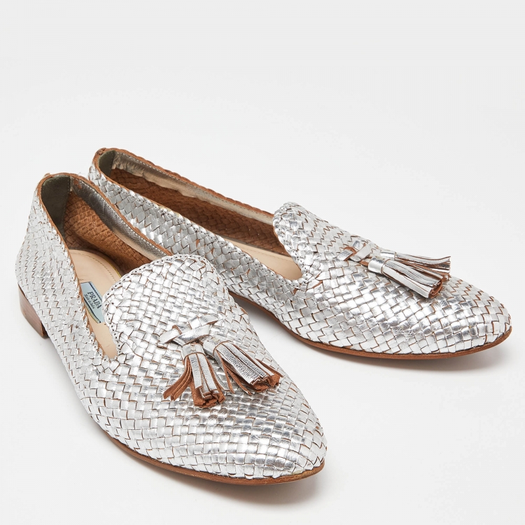Pre Owned Prada Silver Foil Woven Leather Tassel Detail Smoking Slippers Size 40