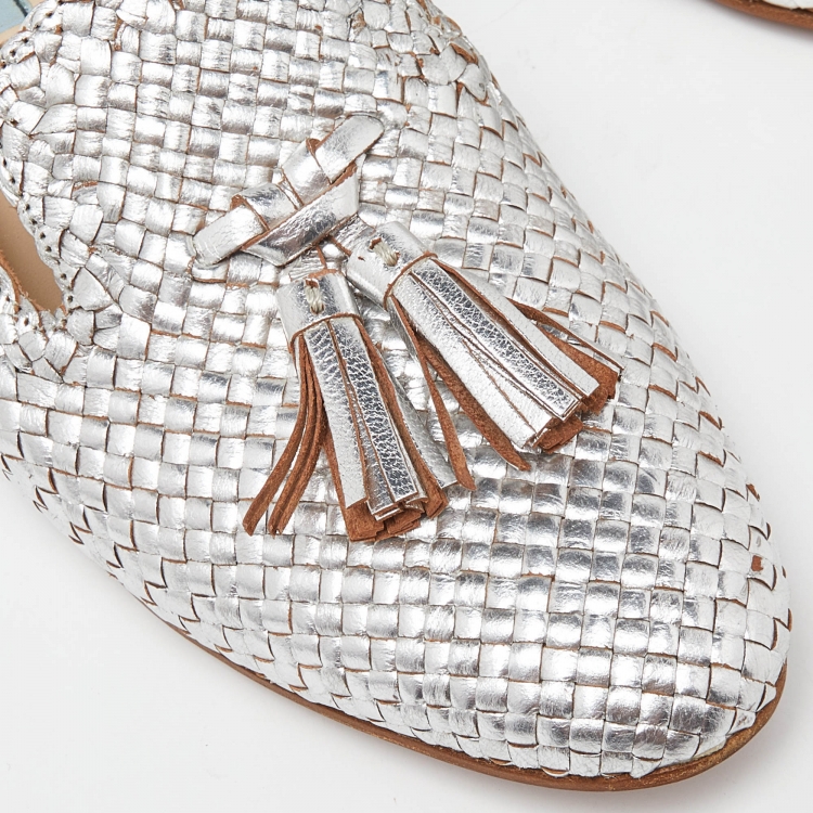 Pre Owned Prada Silver Foil Woven Leather Tassel Detail Smoking Slippers Size 40