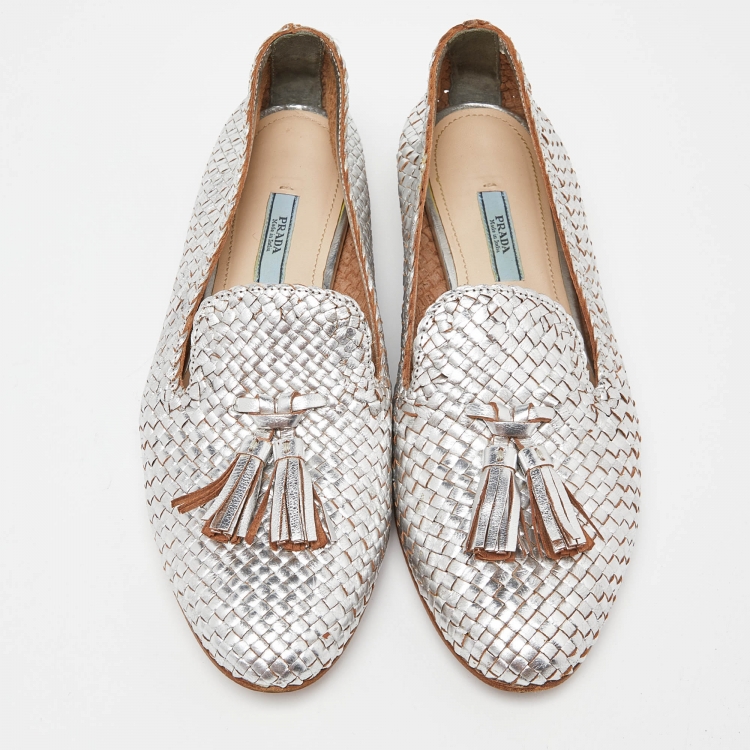 Pre Owned Prada Silver Foil Woven Leather Tassel Detail Smoking Slippers Size 40
