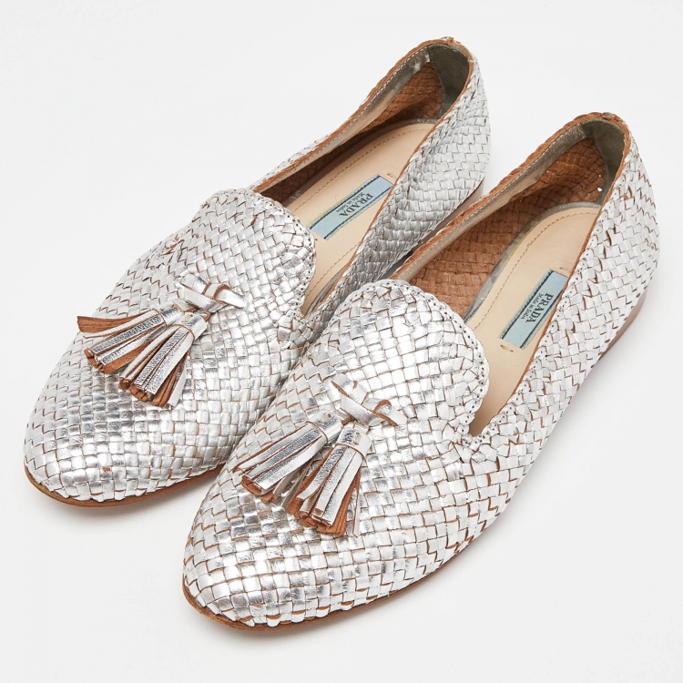 Pre Owned Prada Silver Foil Woven Leather Tassel Detail Smoking Slippers Size 40