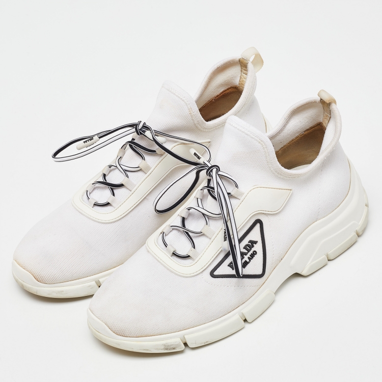 Pre Owned Prada White Logo Knit Fabric Low Top Sneakers Size 38