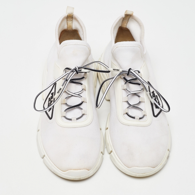 Pre Owned Prada White Logo Knit Fabric Low Top Sneakers Size 38