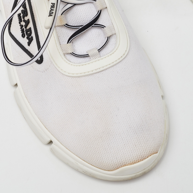 Pre Owned Prada White Logo Knit Fabric Low Top Sneakers Size 38